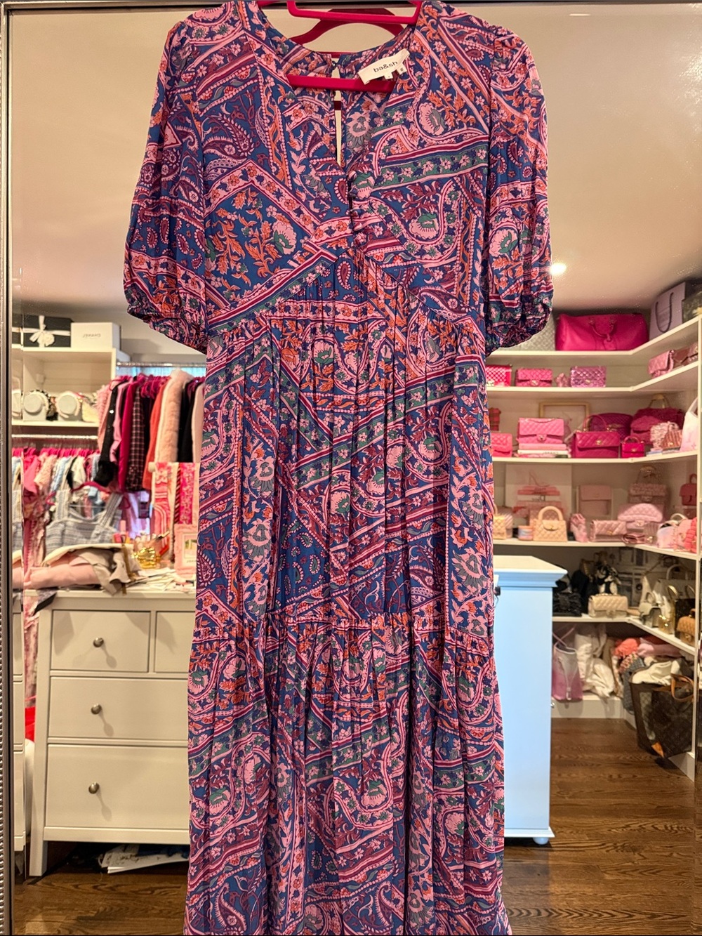 Ba&sh Boho Pink & Blue Paisley Tiered Midi Dress